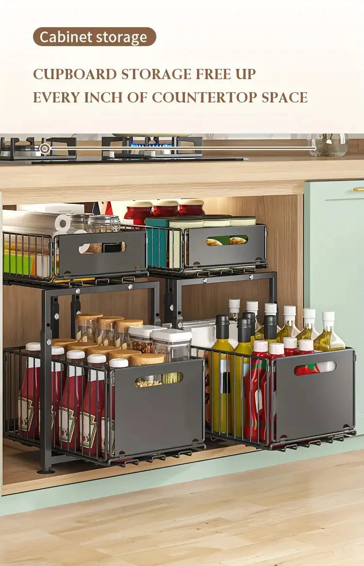 2-Tier Pull Out Cabinet Organizer Drawer Height Adjustable Kitchen Rack for Cabinet Under Sink Organizer Spice Jar Storage Shelf