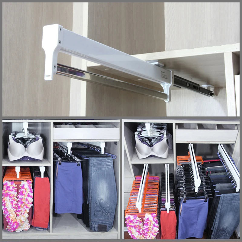 Pull-Out Closet Valet Rod Adjustable Wardrobe Clothing Rail Heavy Duty Top Mount Wardrobe Hanger Rack Bar Ball Bearing Slide