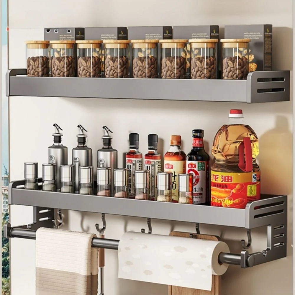 New Multifunctional Kitchen Spice Rack Wall Mounted with Hook Kitchen Organizer Space Saving Seasoning Rack Household