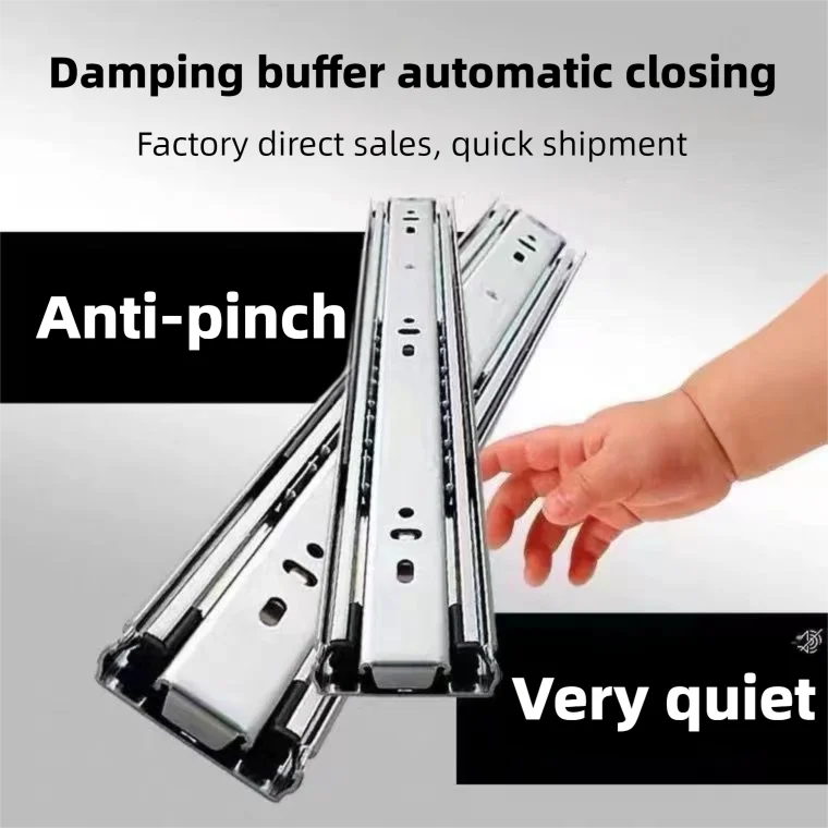 Heavy duty cold-rolled steel drawer slide rail -3-section soft closing damping rail, silent cabinet slide rail