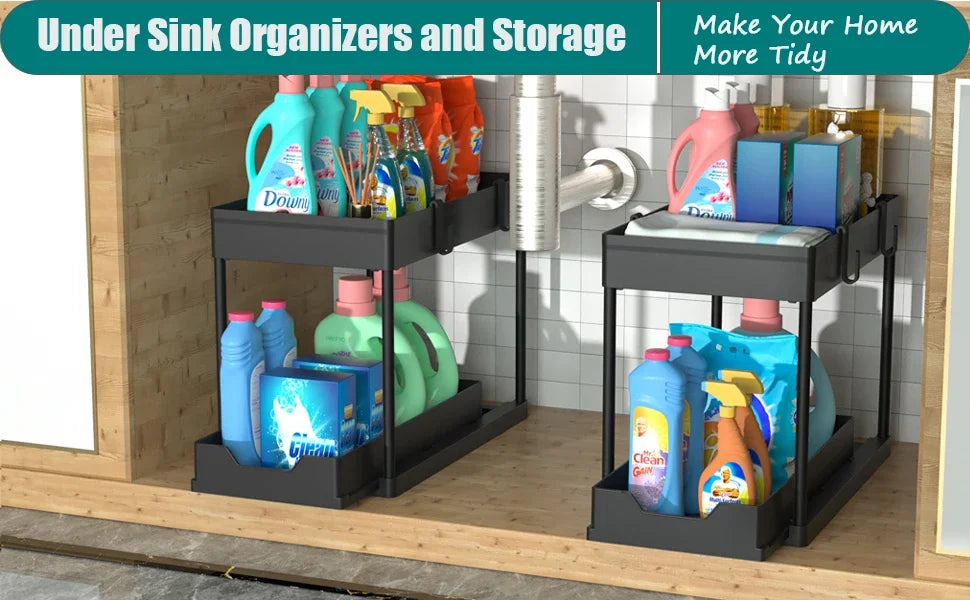 Kitchen Storage Under Sink Organizer 2 Layer Pull Out Multifunctional Drawer Shelf Organizer Bathroom Desktop Cabinet Rack