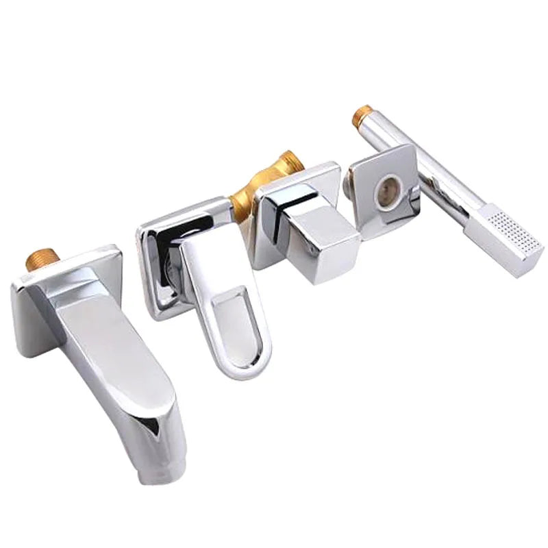 Deck/Wall Mounted Bathroom Bathtub Faucet Set with Handheld Shower Head 4 Holes Widespread Basin Tub Faucet Cold Hot Mixer Tap