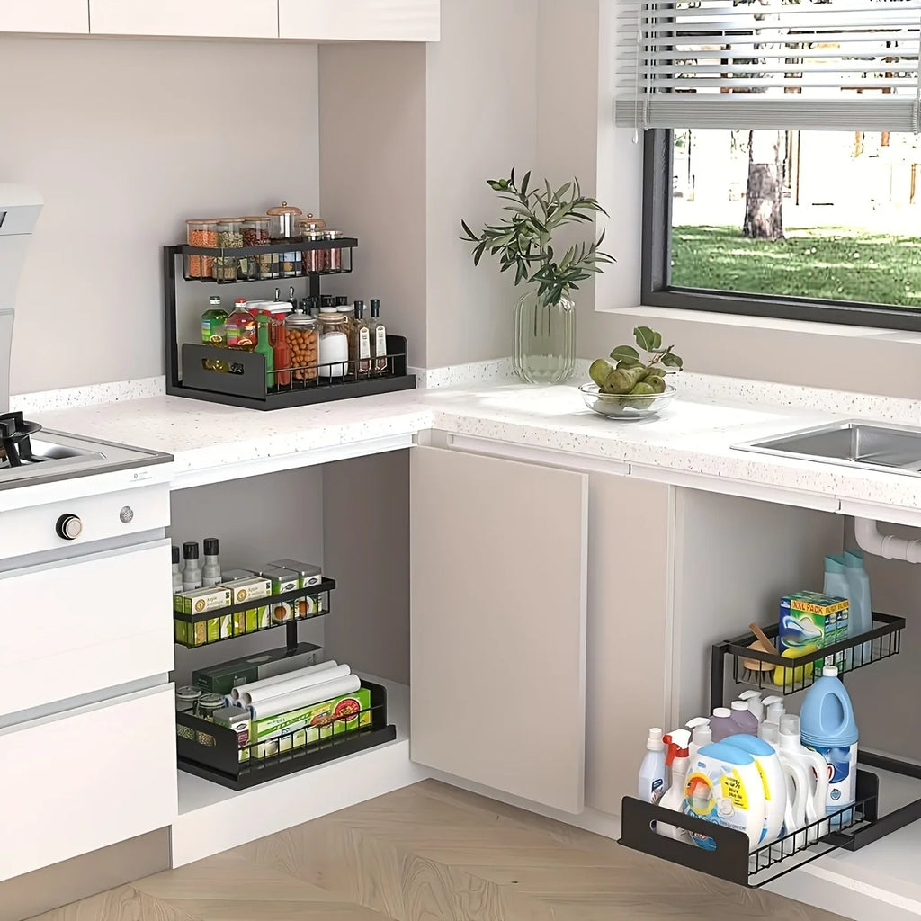 Under Sink Kitchen Storage Rack Set - Sliding Metal Drawer Organizer for Bathroom, Pantry, and Cabinets  Essential for Home Use