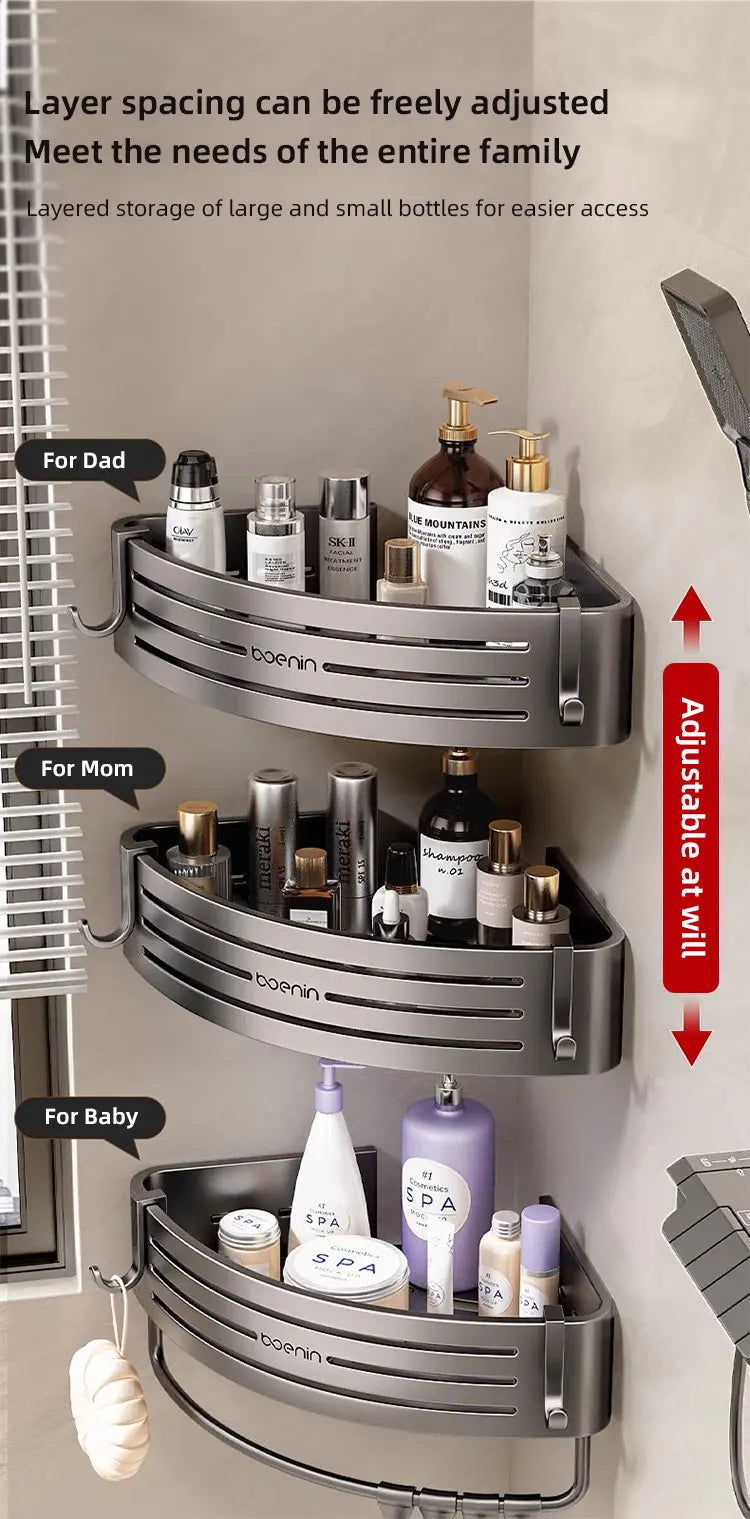 Wall Mounted Bathroom Shelves Shower Corner Shelf with Towel Bar Hook Space Aluminum Shampoo Holder Kitchen Organizer Rack