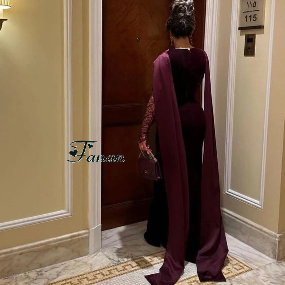 Customize Burgundy V-neck Lace Sleeves Mermaid Evening Dresses Jersey Draped Floor Length With Sweep Train Long Elegant Gown