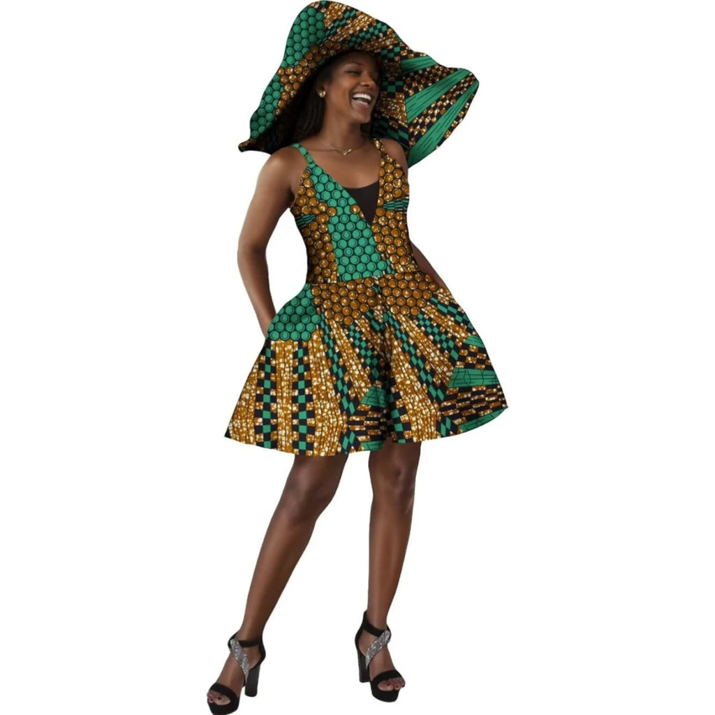Women Summer Dress African Print Jumpsuit Sexy Sleeveless V-neck Short Pant with Hat Fashion African Clothes Lady Attire WY8844