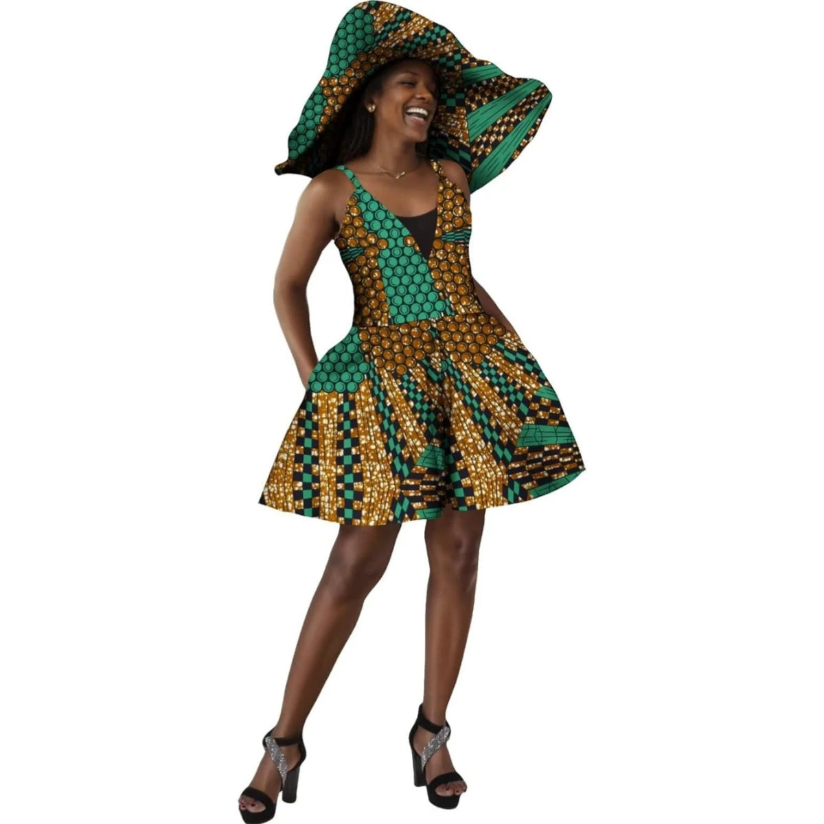 Women Summer Dress African Print Jumpsuit Sexy Sleeveless V-neck Short Pant with Hat Fashion African Clothes Lady Attire WY8844