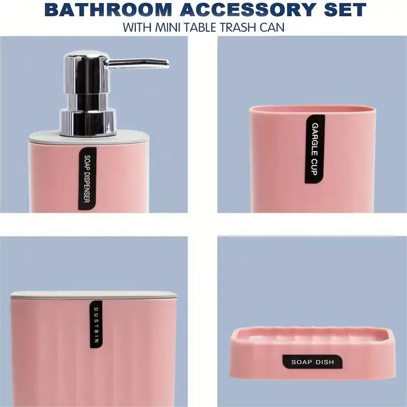 4pcs/set Bathroom Accessories Set, Includes Desktop Trash Can, Soap Dispenser, Toothbrush Holder, Toothbrush Cup, Giftift