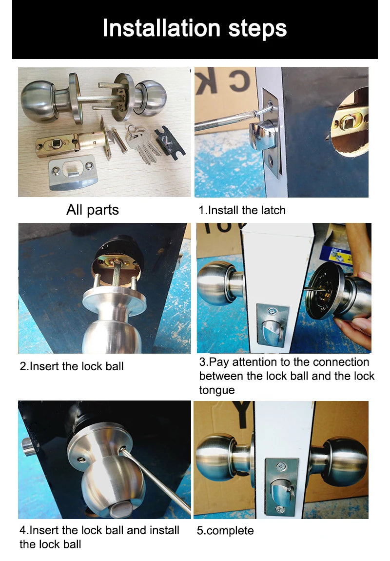Interior Round Ball Door Knobs, Key Handles, Stainless Steel Locksets for Bathroom, Bedroom