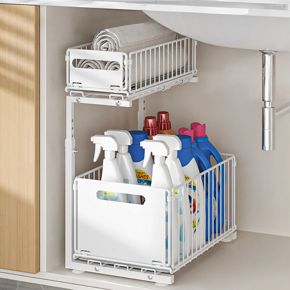 2 Tier Under Sink Organizer Adjustable Pull Out Cabinet Organizer Slide Out Kitchen Storage Racks Thickened Metal Sliding Drawer