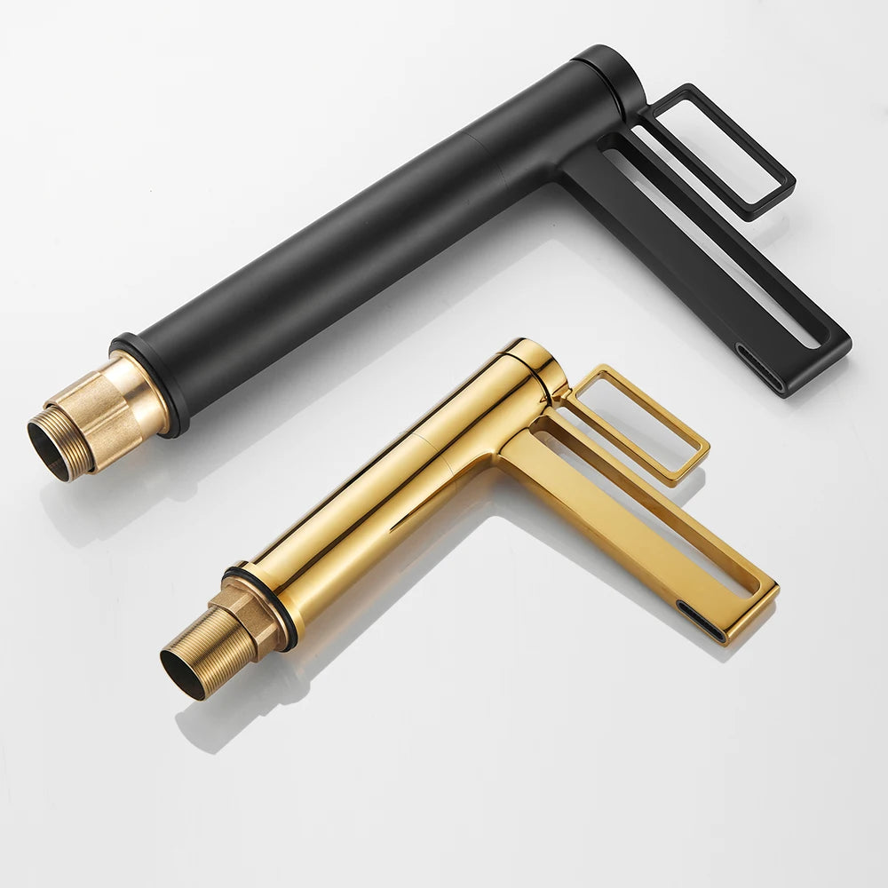 Black Tall Bathroom Basin Taps Single Handle Waterfall Faucet Solid Brass Basin Mixer Tap Creative Hollowed Out Design Water Tap