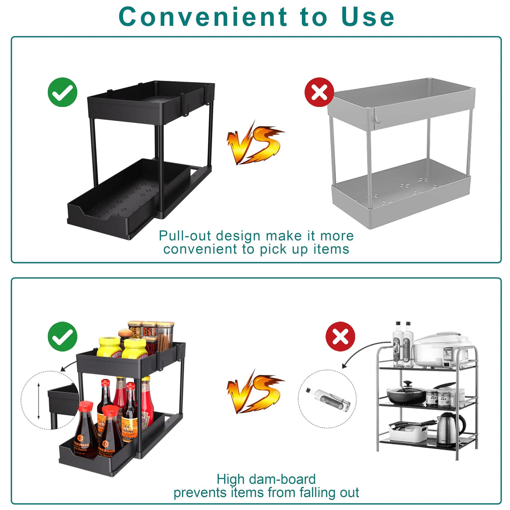 2 Tier Under Sliding Cabinet Basket Organizer Drawer with 4 Hooks, Multi-Purpose Under Sink Storage for Bathroom Kitchen Desktop