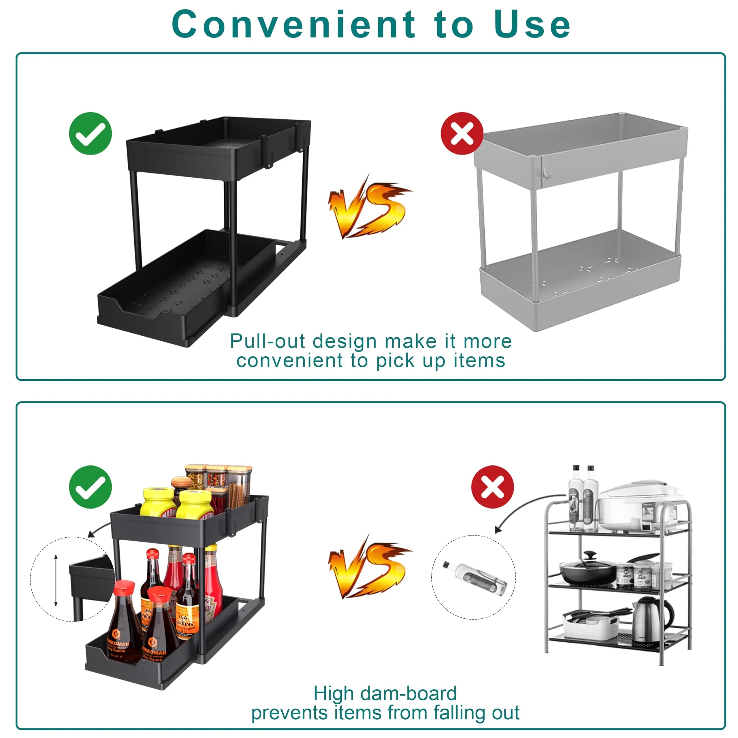2 Tier Under Sliding Cabinet Basket Organizer Drawer with 4 Hooks, Multi-Purpose Under Sink Storage for Bathroom Kitchen Desktop