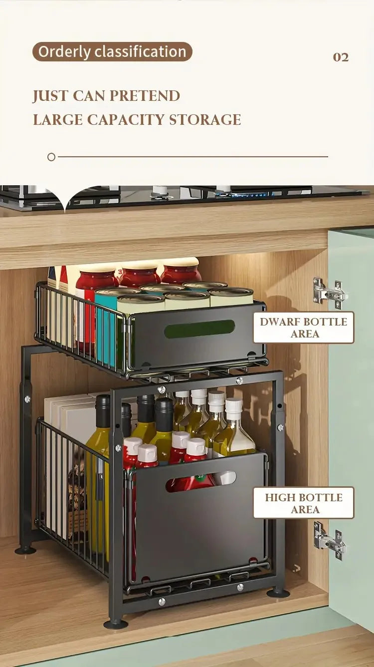2-Tier Pull Out Cabinet Organizer Drawer Height Adjustable Kitchen Rack for Cabinet Under Sink Organizer Spice Jar Storage Shelf