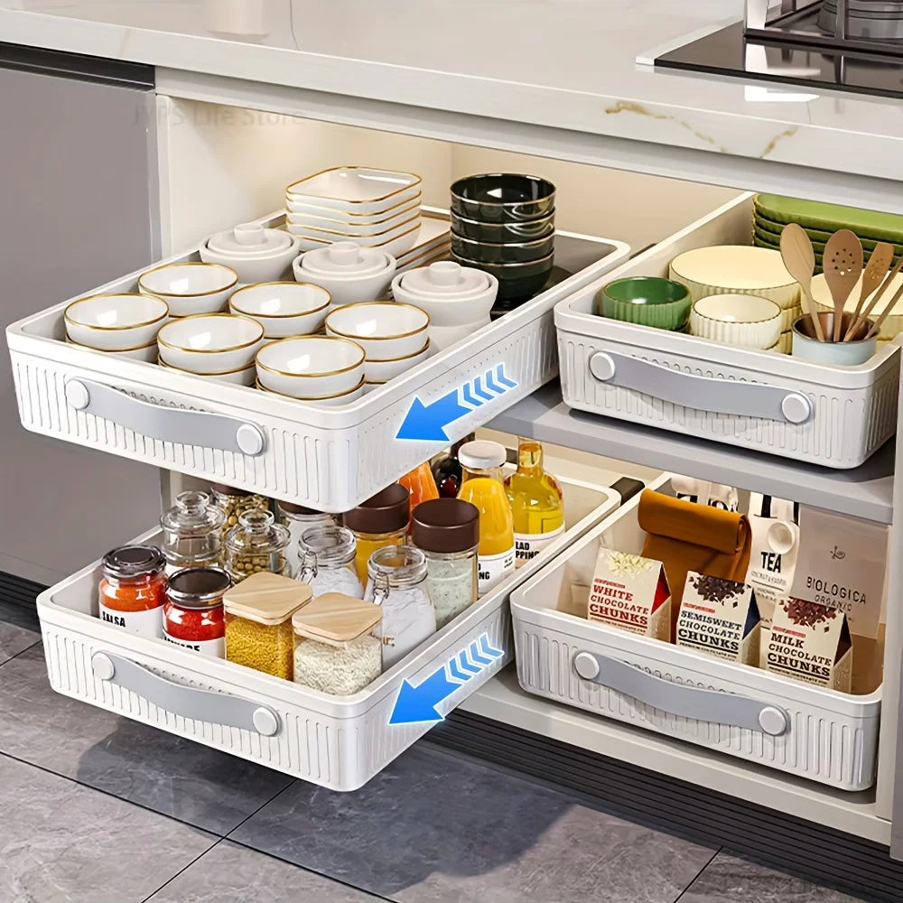 1 PC Kitchen Cabinet Drawer Storage Boxes with Slide Rails Pull-out Kitchen Storage Tray Spice Box Shelf Cabinets Organizer