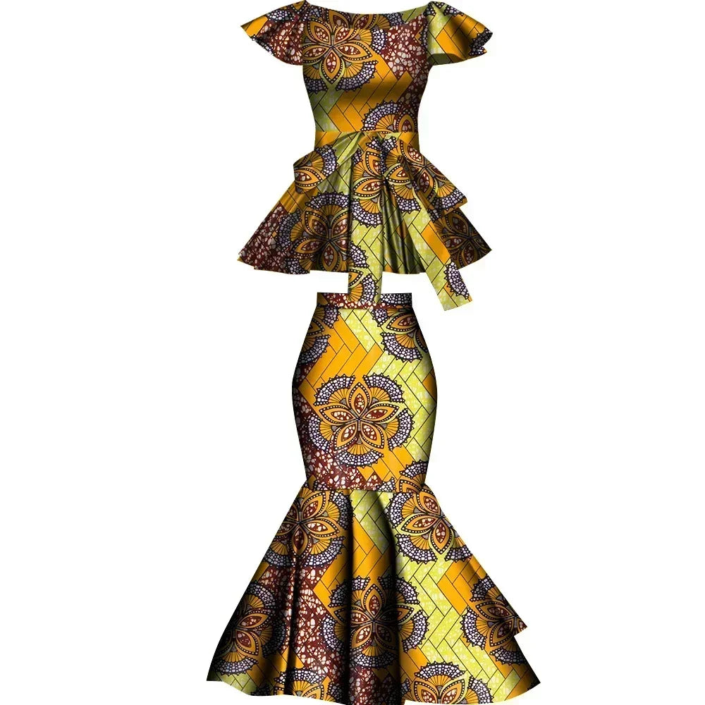 African Two Pcs Set Flared Skirt and Top Dashiki Wax Print Cotton Plus Size Party Clothing WY10076