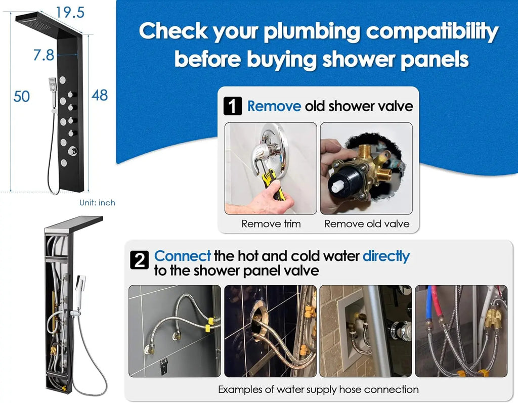 ZAPPO Shower Panel with Rainfall Waterfall Shower Head 5 Body Jets and 3-Function Handheld Rain Massage System Shower Column Tap