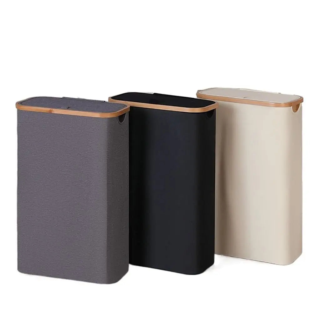 Collapsible Slim Laundry Hamper with Lid Bamboo Handles Removable Inner Bag Clothes Basket Bin Foldable Freestanding