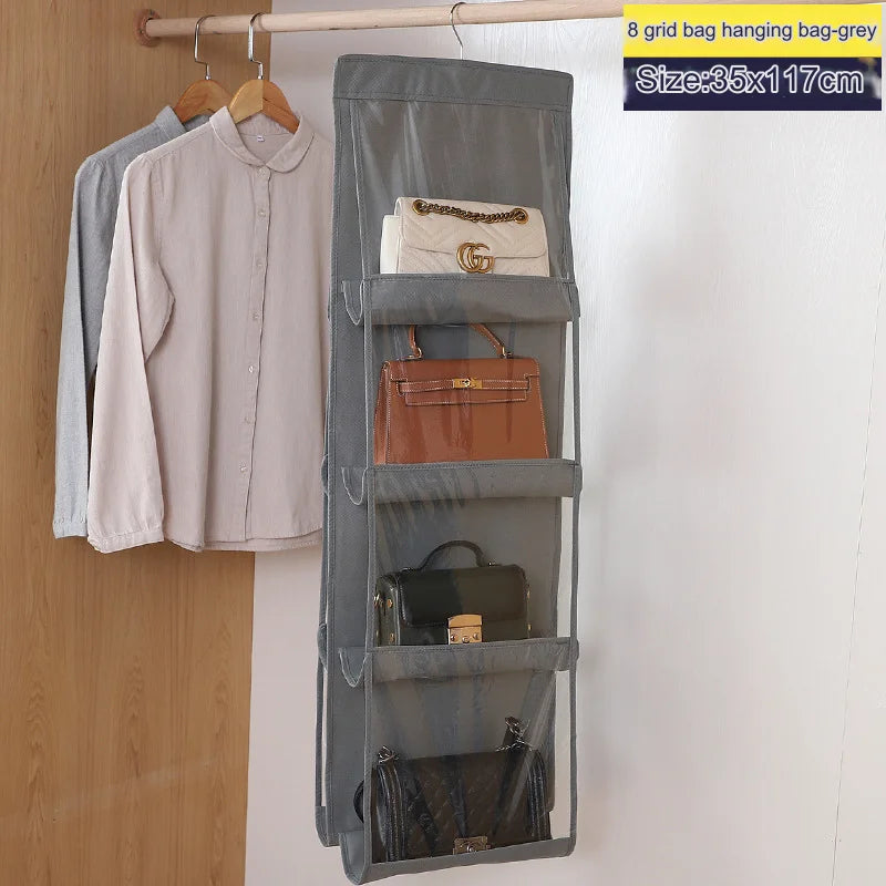 6 Pocket Hanging Handbag Organizer for Wardrobe Closet Transparent Storage Bag Door Wall Clear Sundry Bag with Hanger Pouch