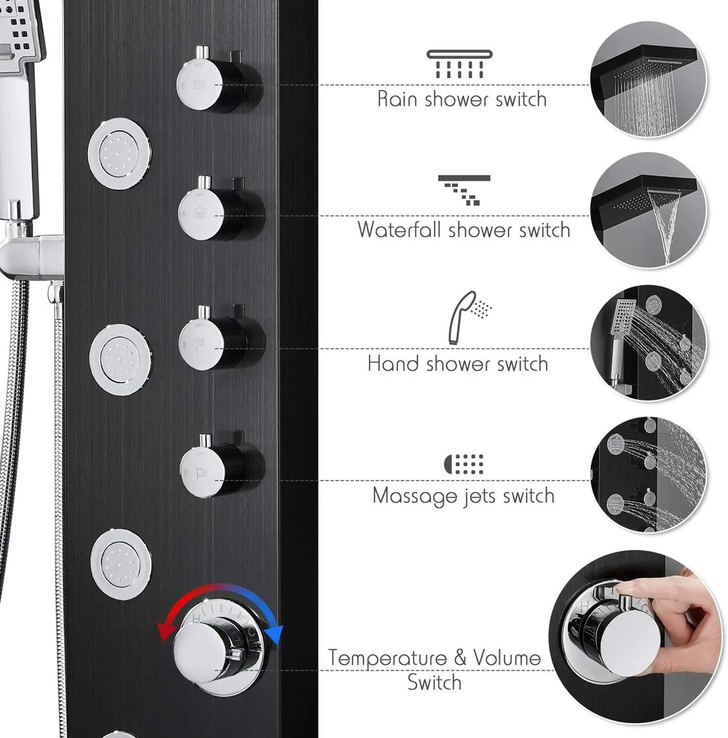 ZAPPO Shower Panel with Rainfall Waterfall Shower Head 5 Body Jets and 3-Function Handheld Rain Massage System Shower Column Tap