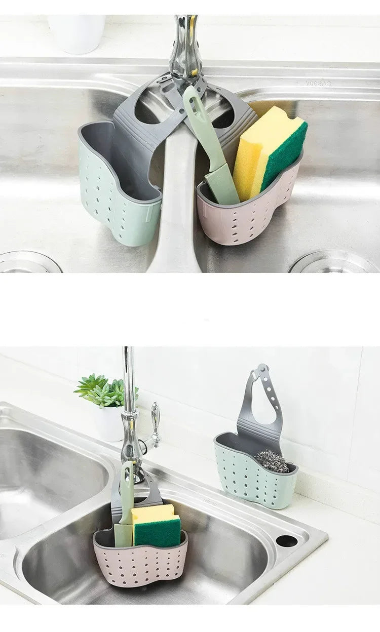 Bathroom and Kitchen Sink Accessories: Storage Holder with Suction Cup for Soap, Sponge and Drain Rack