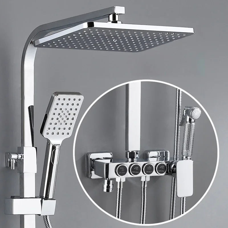 Thermostatic Bathroom Shower Set White Gold Bathroom Faucet Accessories 12 Inch Rain Shower Head Hot Cold Bathroom Shower System