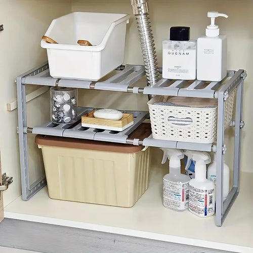 2-Tier Under-Sink Organizer, 10 Removable Panels. Expandable, Space Saver for Kitchen & Bathroom.