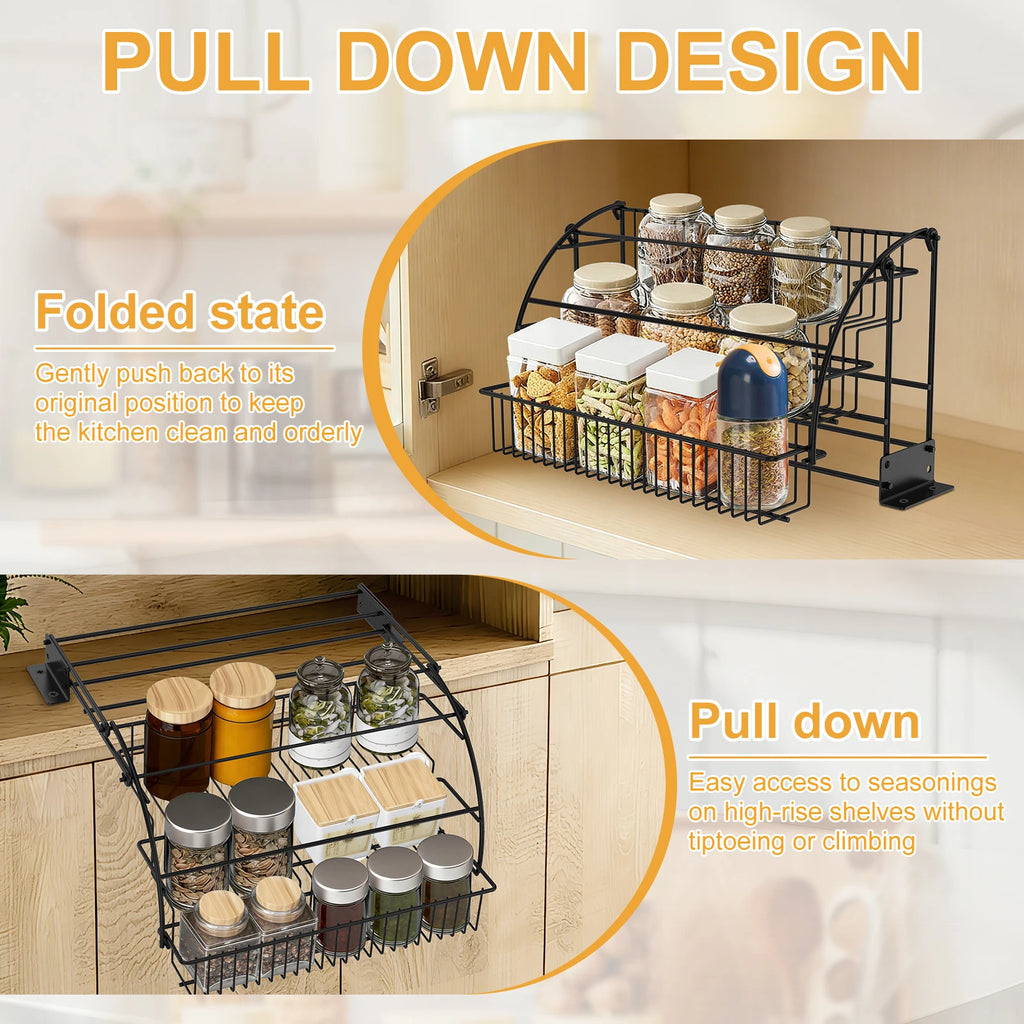 3-Tier Kitchen Storage Rack Metal Pull Down Spice Rack Large Capacity Inside Cabinet Riser Shelf Home Seasoning Bottle Organizer