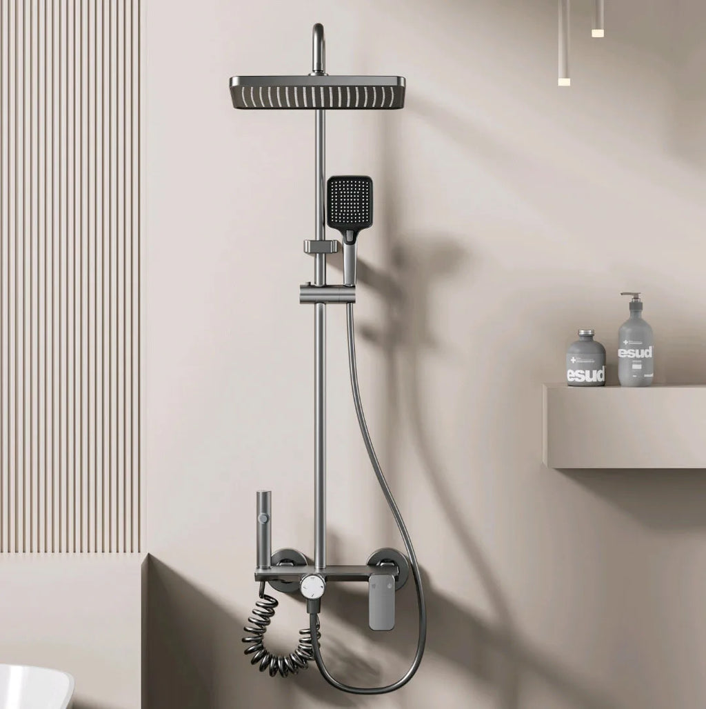 Bathroom Multifunction Shower System Set Household Rotary Knob Hot and Cold Water Pressurize Gunmetal Gray Aluminum Shower Set