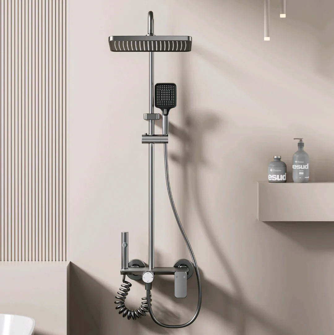 Bathroom Multifunction Shower System Set Household Rotary Knob Hot and Cold Water Pressurize Gunmetal Gray Aluminum Shower Set