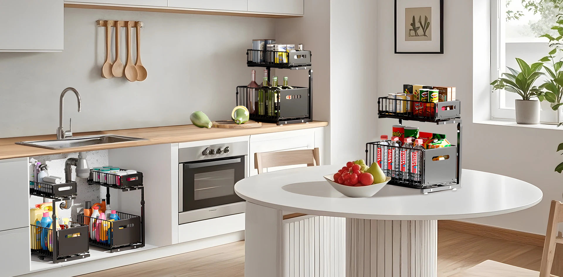 2 Tier Under Sink Organizer Adjustable Pull Out Cabinet Organizer Slide Out Kitchen Storage Racks Thickened Metal Sliding Drawer