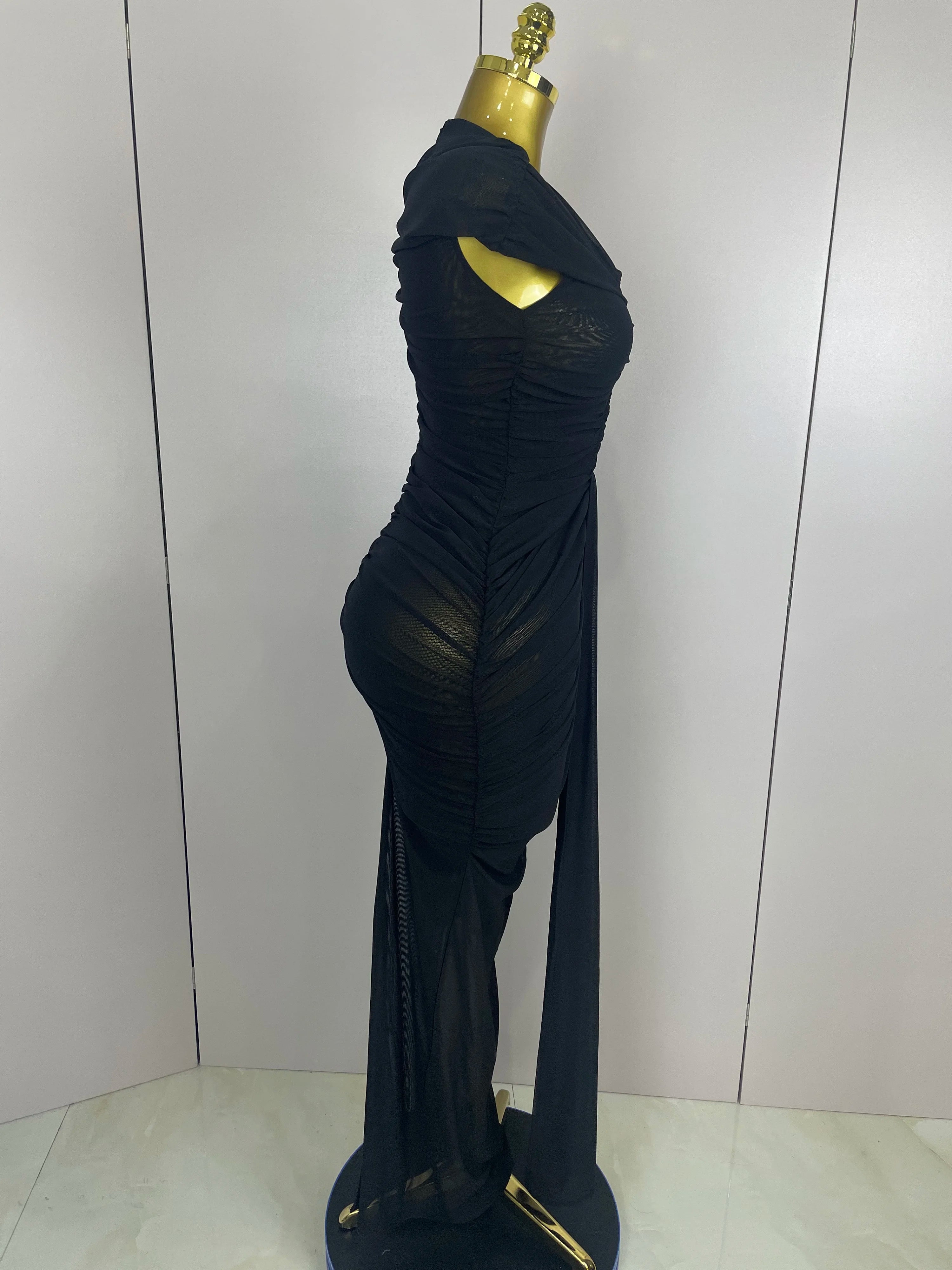 Women Sexy Sleeveless O-Neck Hollow Out Mesh Bodycon Long Dress Fashion Show Celebrate Celebrity Evening Birthday Party Dress