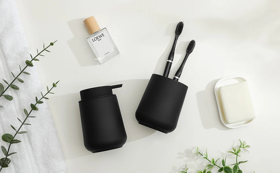 Bathroom Accessory Set - 2-Piece Soap Dispenser and Cup for Bathroom Vanity Decor in Matte Black