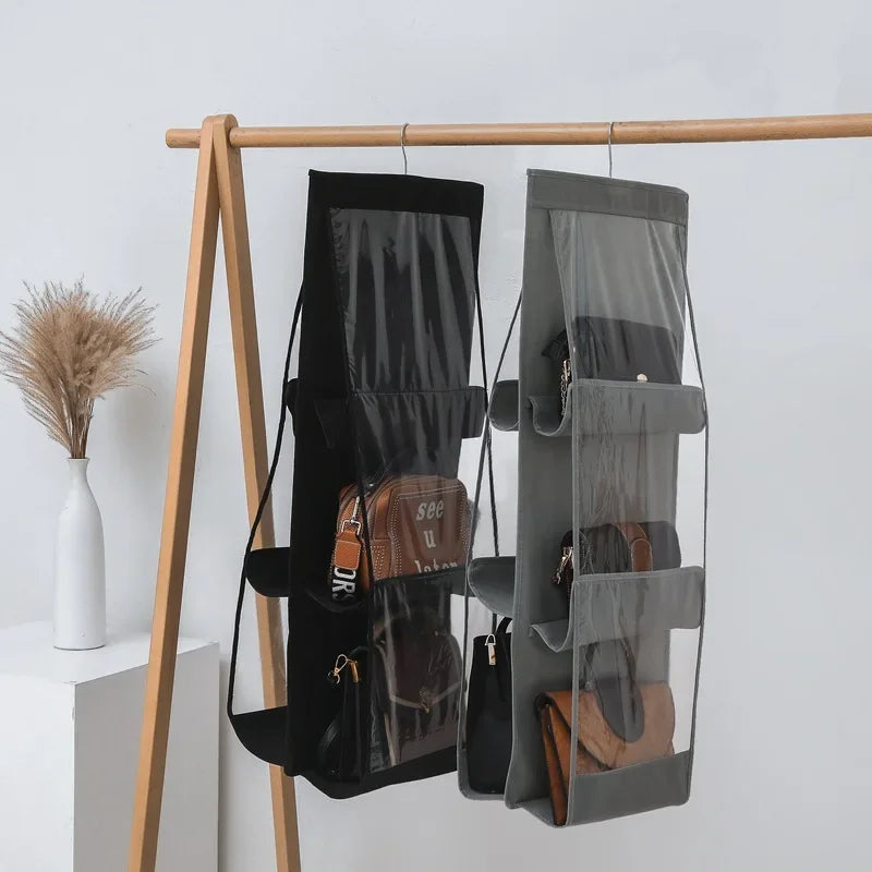 6 Pocket Hanging Handbag Organizer for Wardrobe Closet Transparent Storage Bag Door Wall Clear Sundry Bag with Hanger Pouch