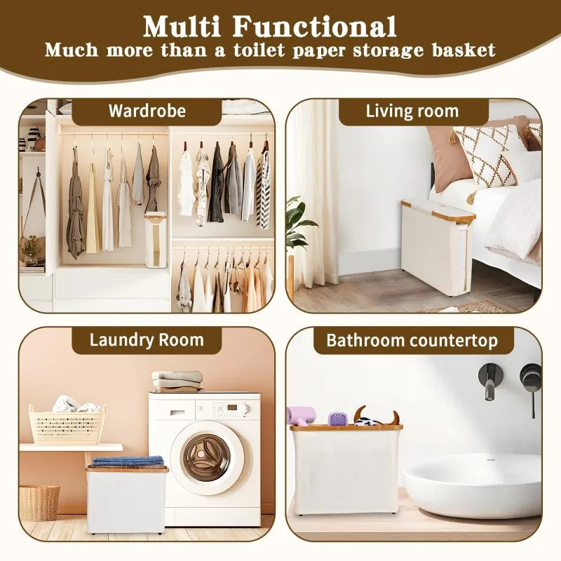 Bamboo Toilet Paper Holder with Storage Basket, Collapsible Storage Basket Bathroom Organizer Paper Towel Storage Bohemian Style