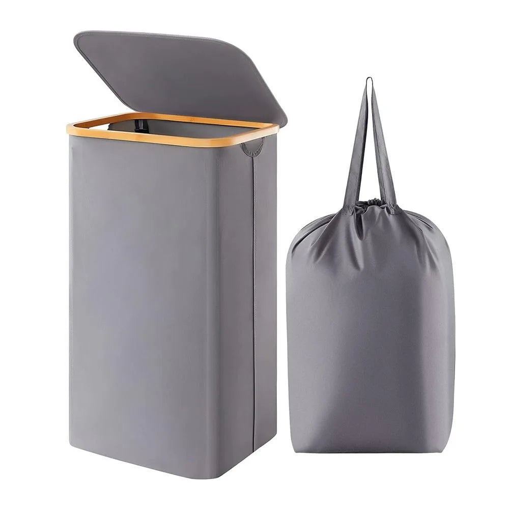 Collapsible Slim Laundry Hamper with Lid Bamboo Handles Removable Inner Bag Clothes Basket Bin Foldable Freestanding