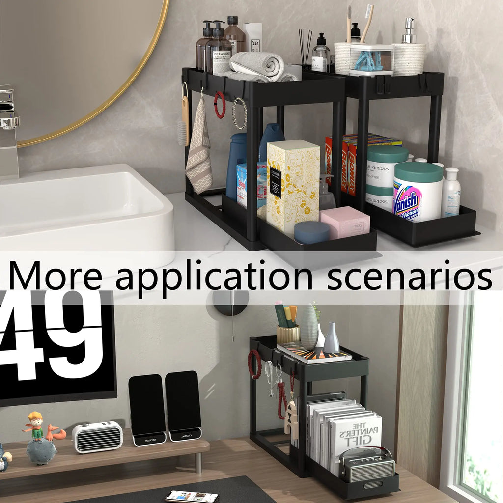 2 Tier Under Sliding Cabinet Basket Organizer Drawer with 4 Hooks, Multi-Purpose Under Sink Storage for Bathroom Kitchen Desktop