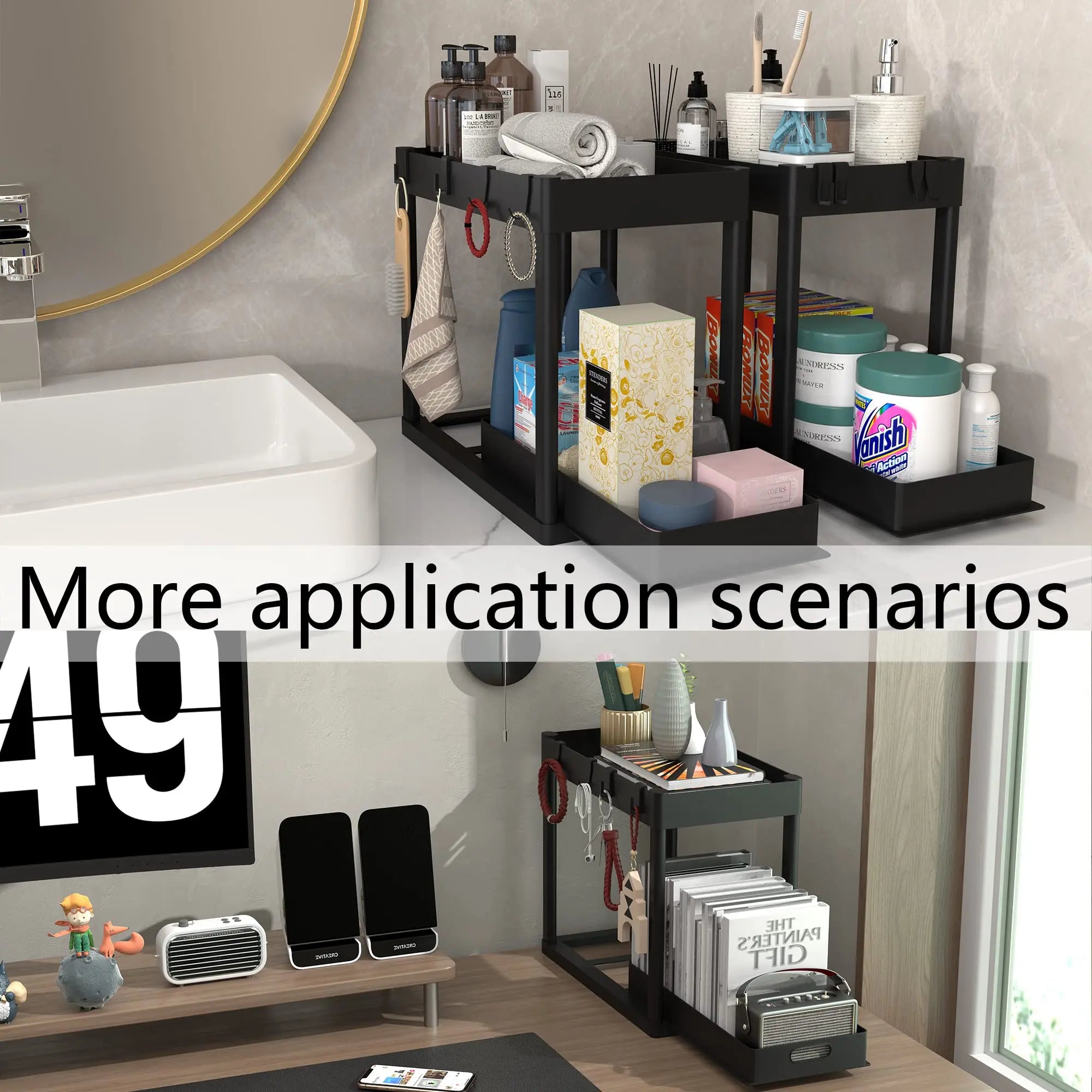 2 Tier Under Sliding Cabinet Basket Organizer Drawer with 4 Hooks, Multi-Purpose Under Sink Storage for Bathroom Kitchen Desktop
