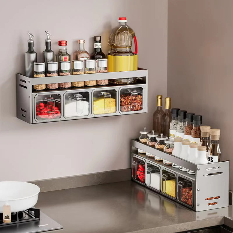 1 Pc Stainless Steel Kitchen Spice Rack Wall-Mounted Multi-Functional Spice Rack Box Jar Kitchen Storage Home Organizador