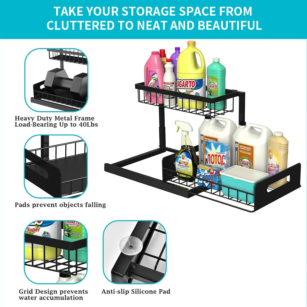 Under Sink 2 Tier Sliding Cabinet Basket Organizer Drawer Pull Out Cabinet Multi-Purpose Sink Organizer for Bathroom Kitchen