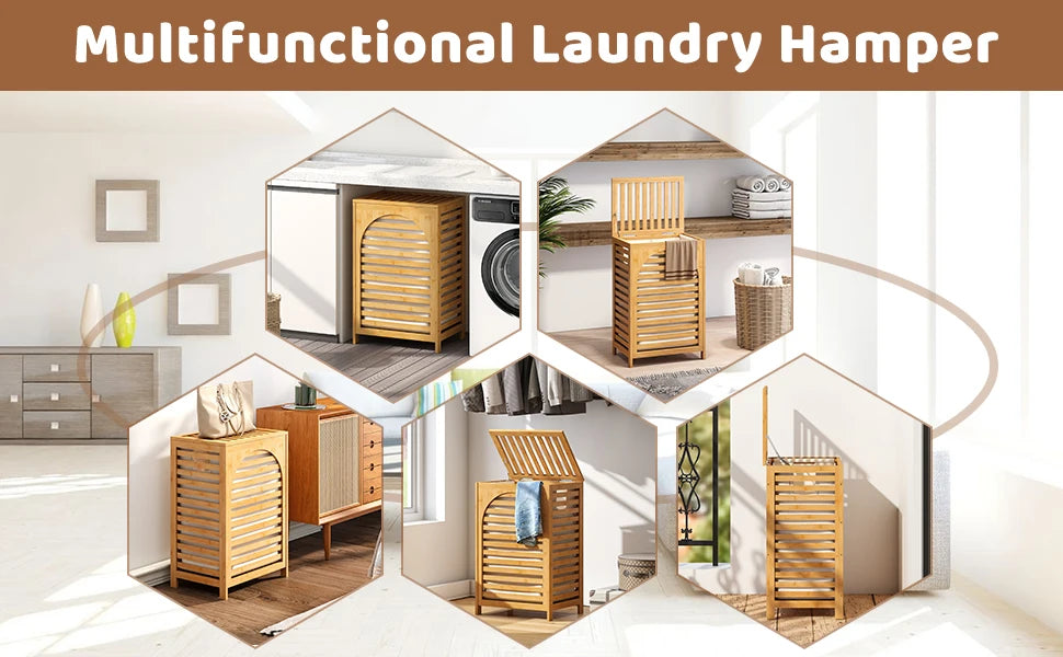 Large Bamboo Laundry Hamper with Lid 85L Clothes Basket Removable Bag Storage for Bathroom Natural
