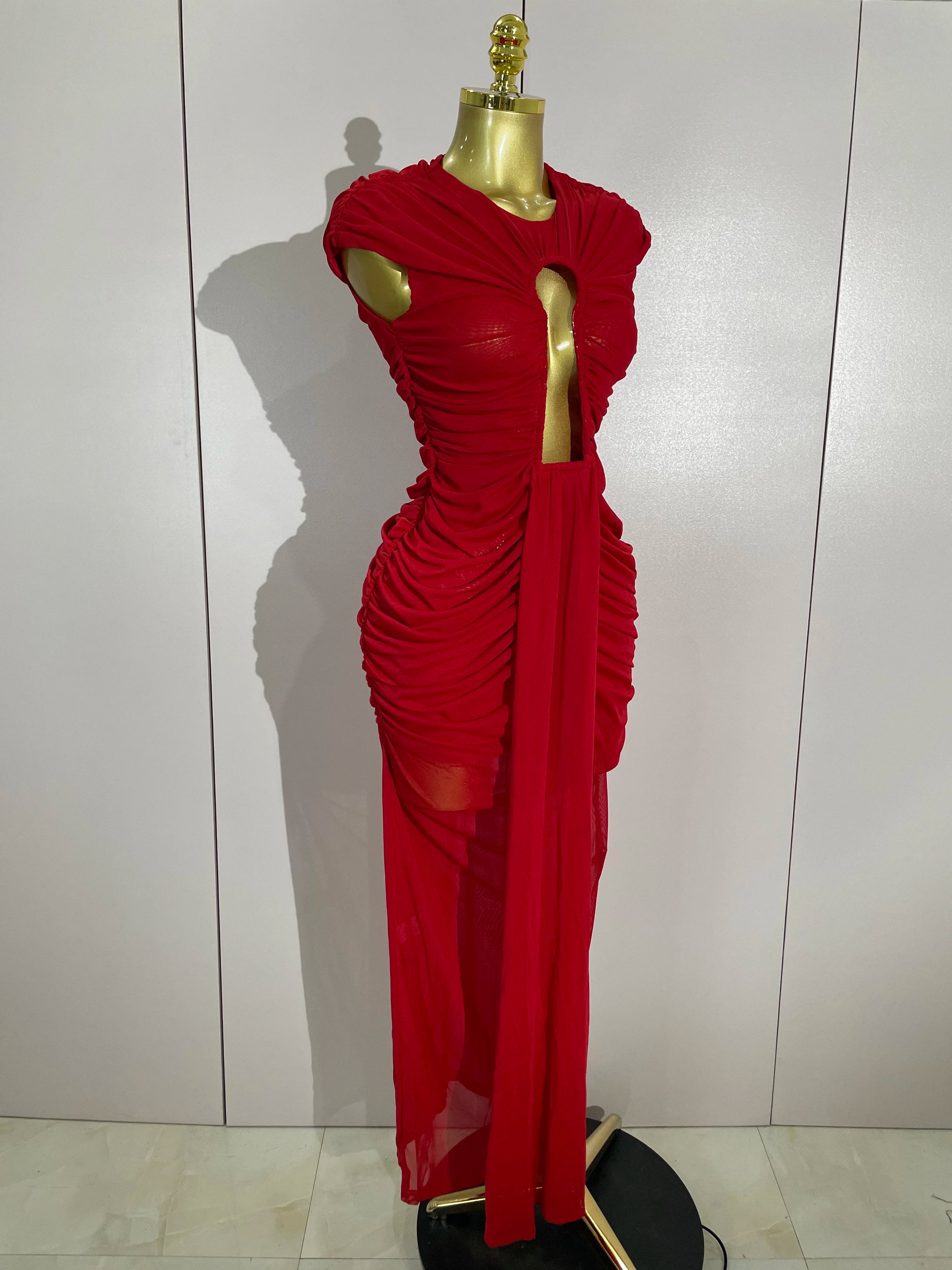 Women Sexy Sleeveless O-Neck Hollow Out Mesh Bodycon Long Dress Fashion Show Celebrate Celebrity Evening Birthday Party Dress
