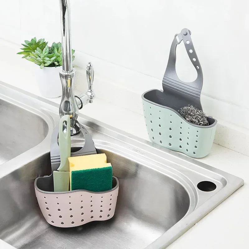 Bathroom and Kitchen Sink Accessories: Storage Holder with Suction Cup for Soap, Sponge and Drain Rack