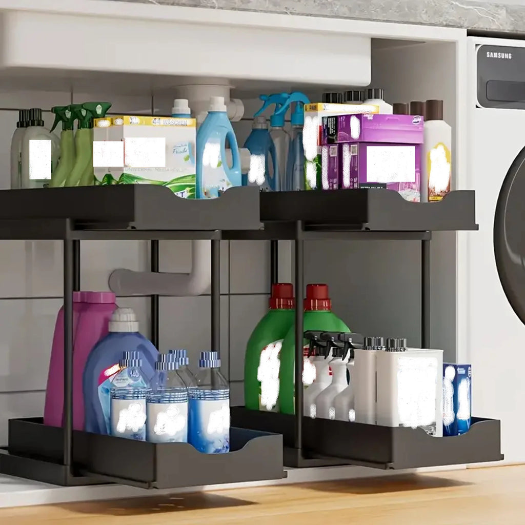 Double-Layer Pull-Out Kitchen Storage Rack, Non-Slip and Stable, Multifunctional Storage Box with Five Hooks, Under-Sink Brush Double-Layer Drawer Storage Rack, Suitable for Kitchen and Bathroom Countertop Sink Storage