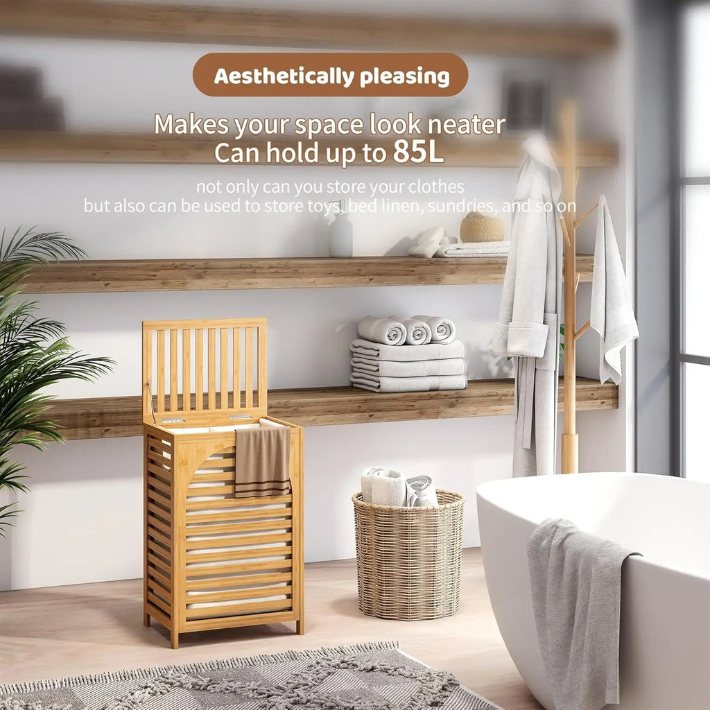Large Bamboo Laundry Hamper with Lid 85L Clothes Basket Removable Bag Storage for Bathroom Natural