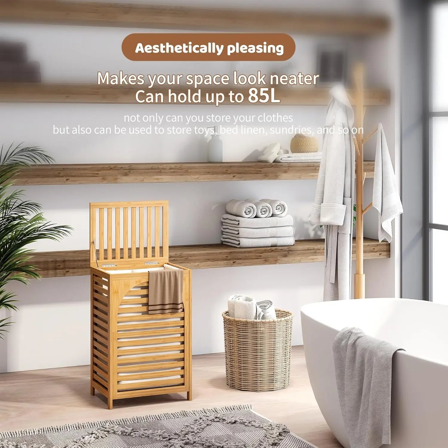 Large Bamboo Laundry Hamper with Lid 85L Clothes Basket Removable Bag Storage for Bathroom Natural