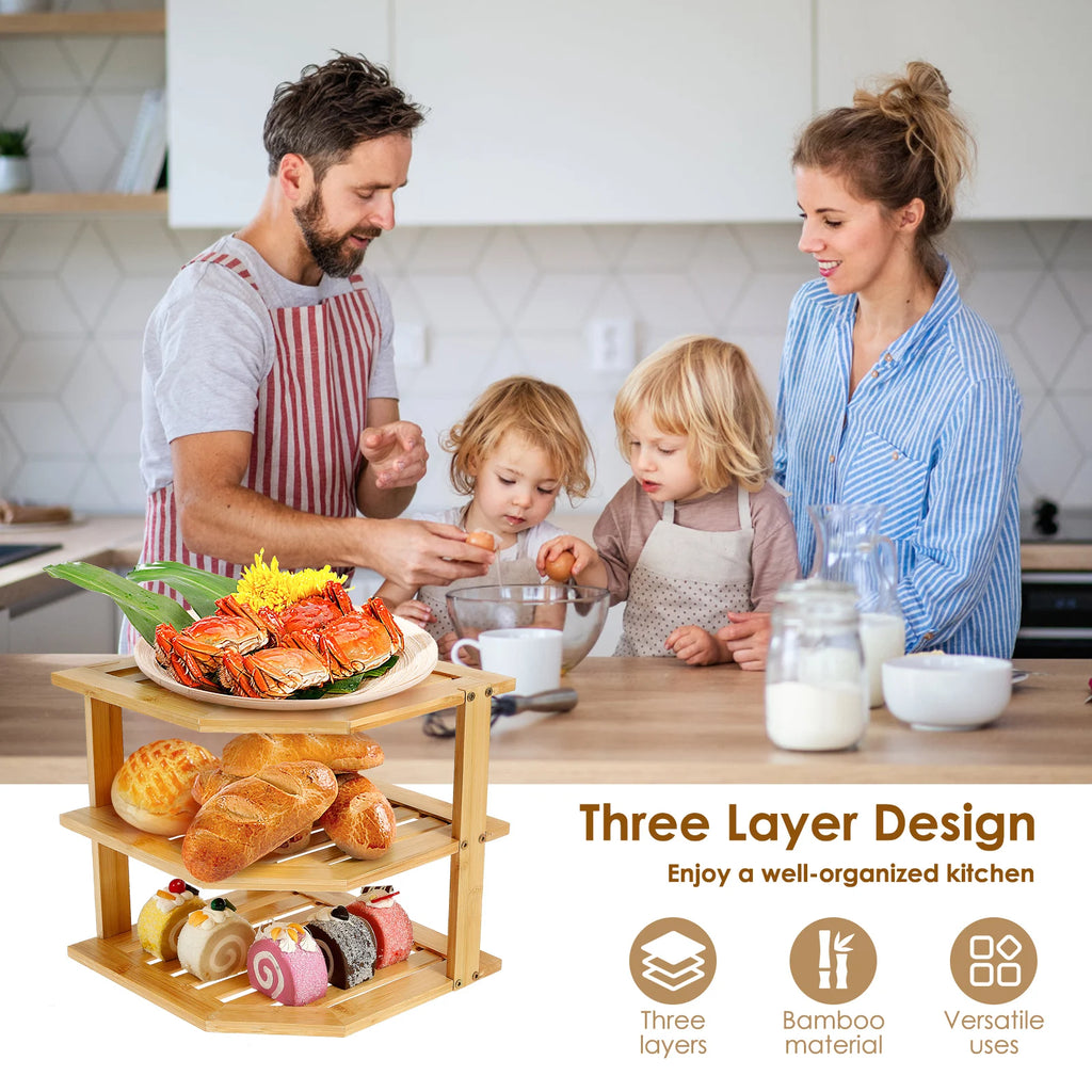 3 Tier Cabinet Organizer Shelf for Kitchen Storage Sturdy Plate Organizer Bamboo Corner Shelf Dish Rack for Cabinet Countertop