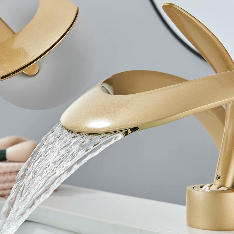 Black Bathroom Basin Taps Single Handle Waterfall Faucet Solid Brass Basin Mixer Taps Creative Hollowed Out Design Water Tap