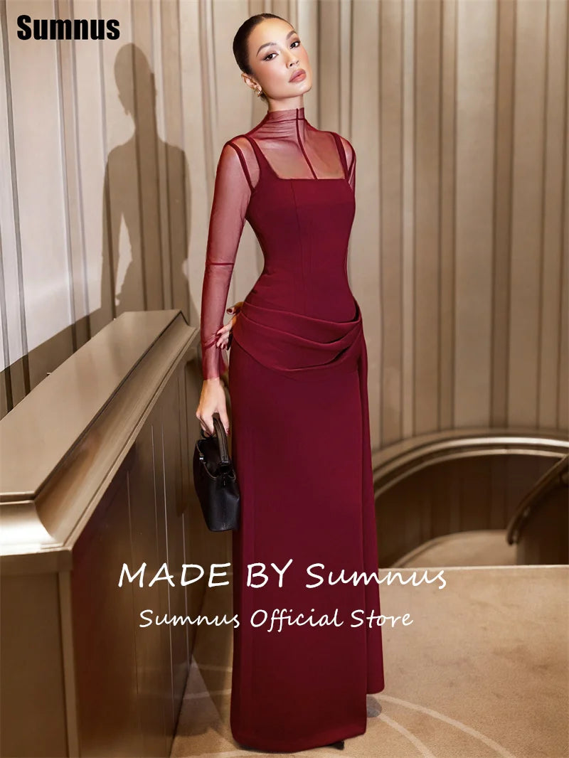 Sumnus Elegant Burgundy Mermaid Prom Dresses Square Collar Pleats Side Slit Maxi Formal Dresses فساتين سهرة Customized
