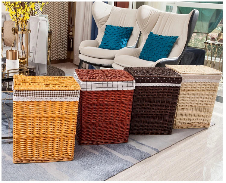 Large Capacity Rattan Laundry Basket - Vine Woven Storage with Cover, Simple and Elegant Dirty Clothes Organizer for Home